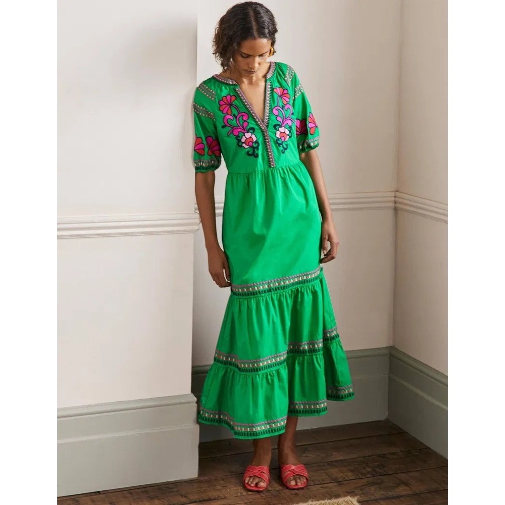 BODEN Natalie Embroidered Green Floral Tiered Maxi Dress Pink Boho US Size 4